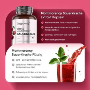 Montmorency Sauerkirschen Kapseln 6000 mg (50:1) - 180 Vegane Kapseln 3 Monate Vorrat