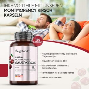 Montmorency Sauerkirschen Kapseln 6000 mg (50:1) - 180 Vegane Kapseln 3 Monate Vorrat